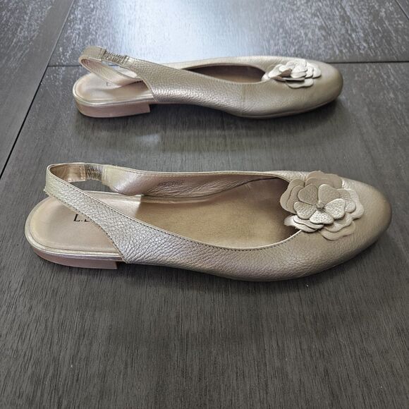 LL Bean Tan Metallic Leather Slingback Flats Women’s 9.5 Floral - Picture 3 of 7